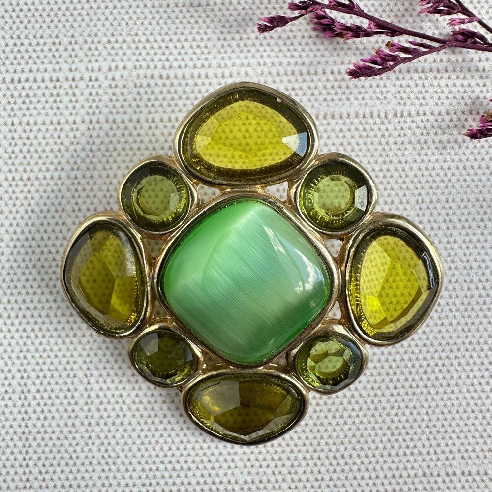 Vintage Gold-Tone Brooch with Green Glass Rhinestones 1.5" x 1.5"